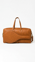 A brown faux-leather duffel bag with a tennis racket design on the front, featuring two top handles and a detachable shoulder strap, set against a plain white background.