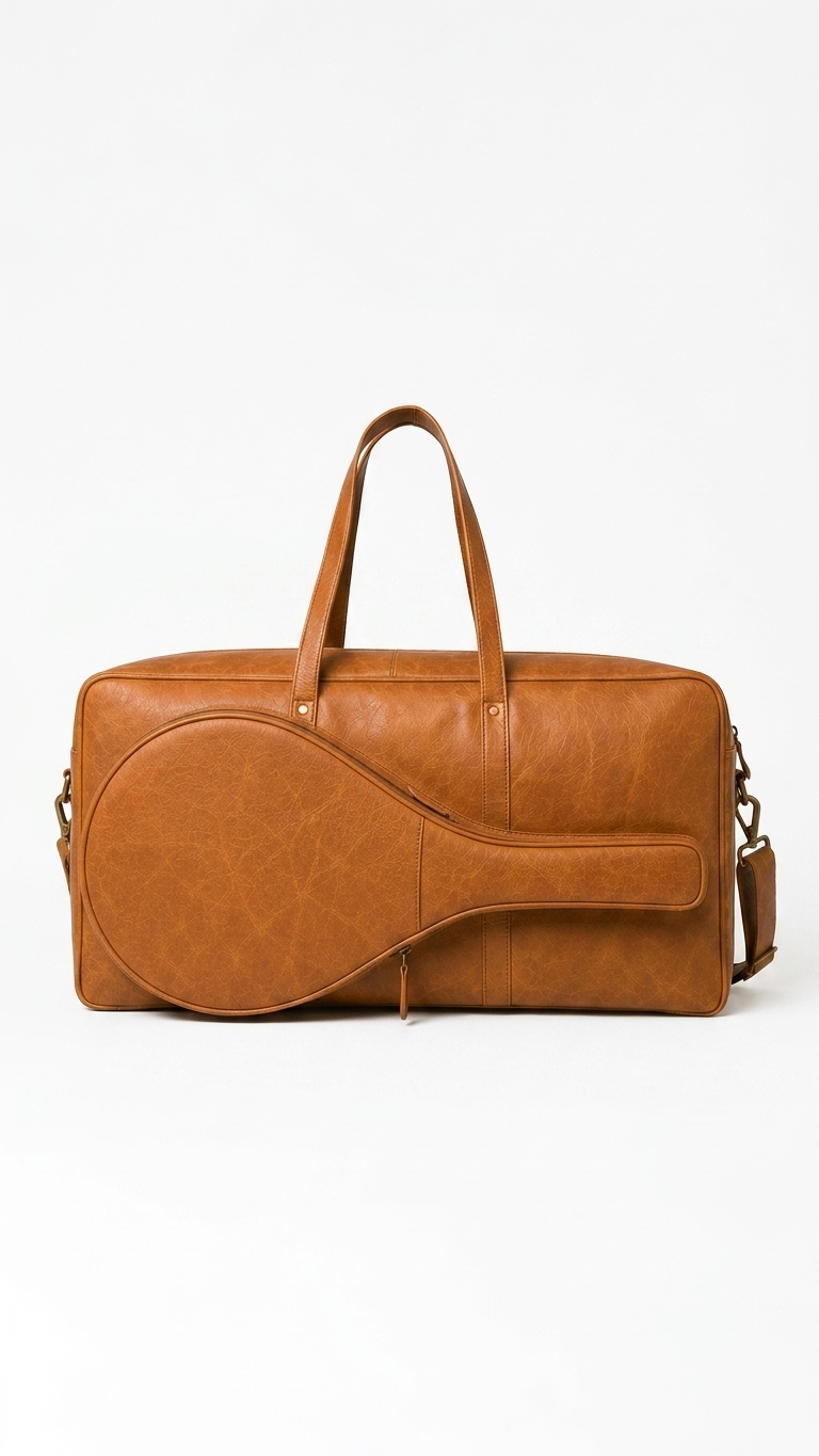 Frounder Henry tennis duffle in brown full-grain leather, with a racket-shaped front sleeve, twin top handles and a detachable shoulder strap