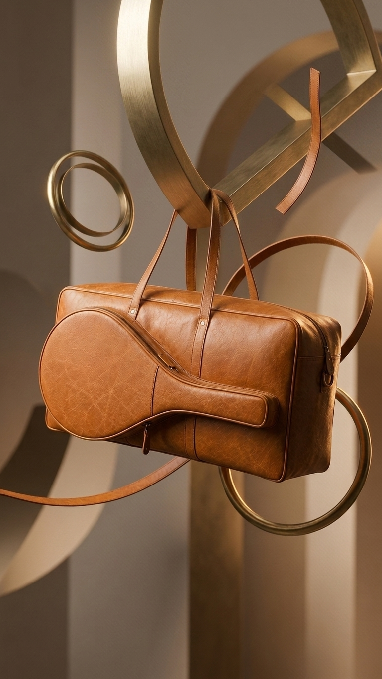 A tan leather duffel bag with a matching tennis racket-shaped front pocket, hanging from a sculptural gold metal display stand.