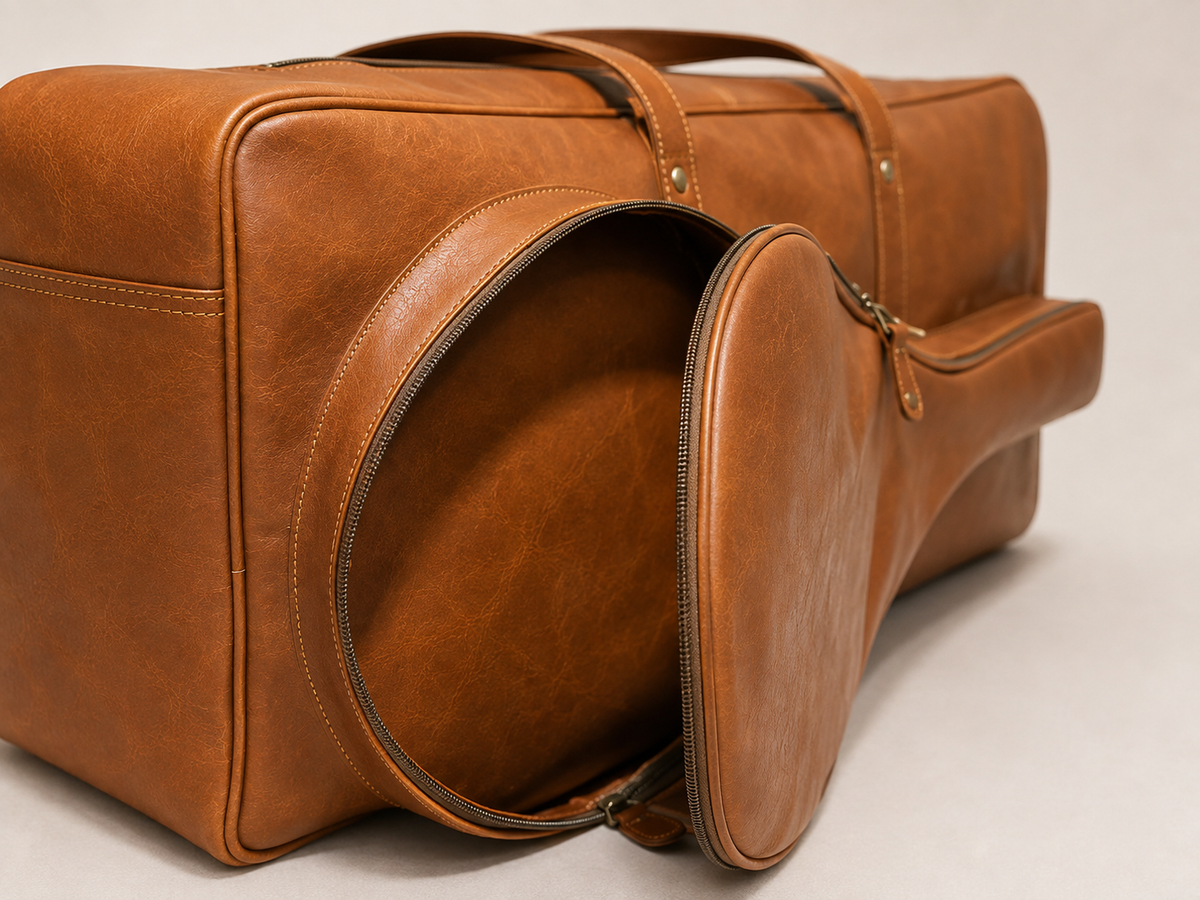 Henry tennis duffle bag in tan leather with its exterior racket sleeve