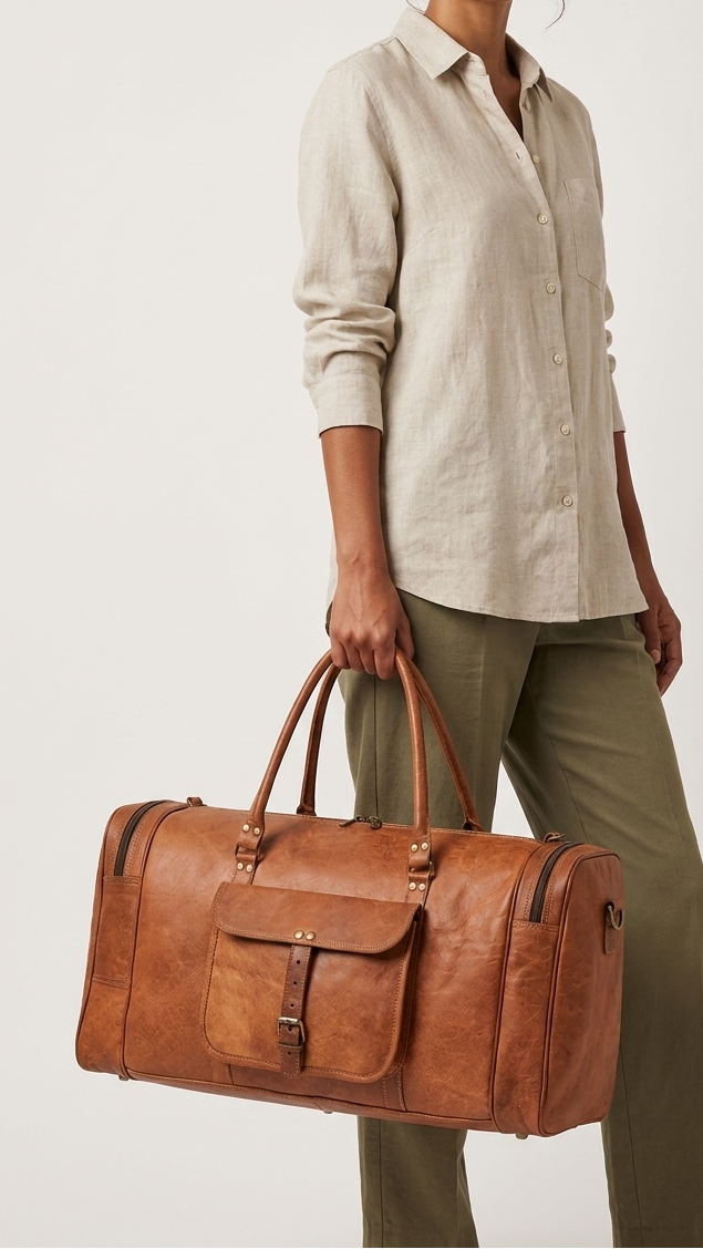 A woman wearing a light beige linen shirt and olive green pants holds a large brown leather duffel bag with double top handles and a front pocket against a plain light gray background.