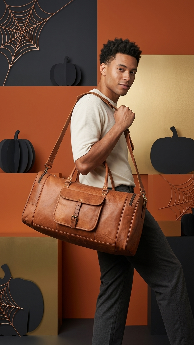 A man wearing a beige t-shirt and dark pants carries a large brown leather duffel bag with a front flap and buckle closure, posed against a Halloween-themed background with orange and black panels, spiderwebs, and black pumpkins.