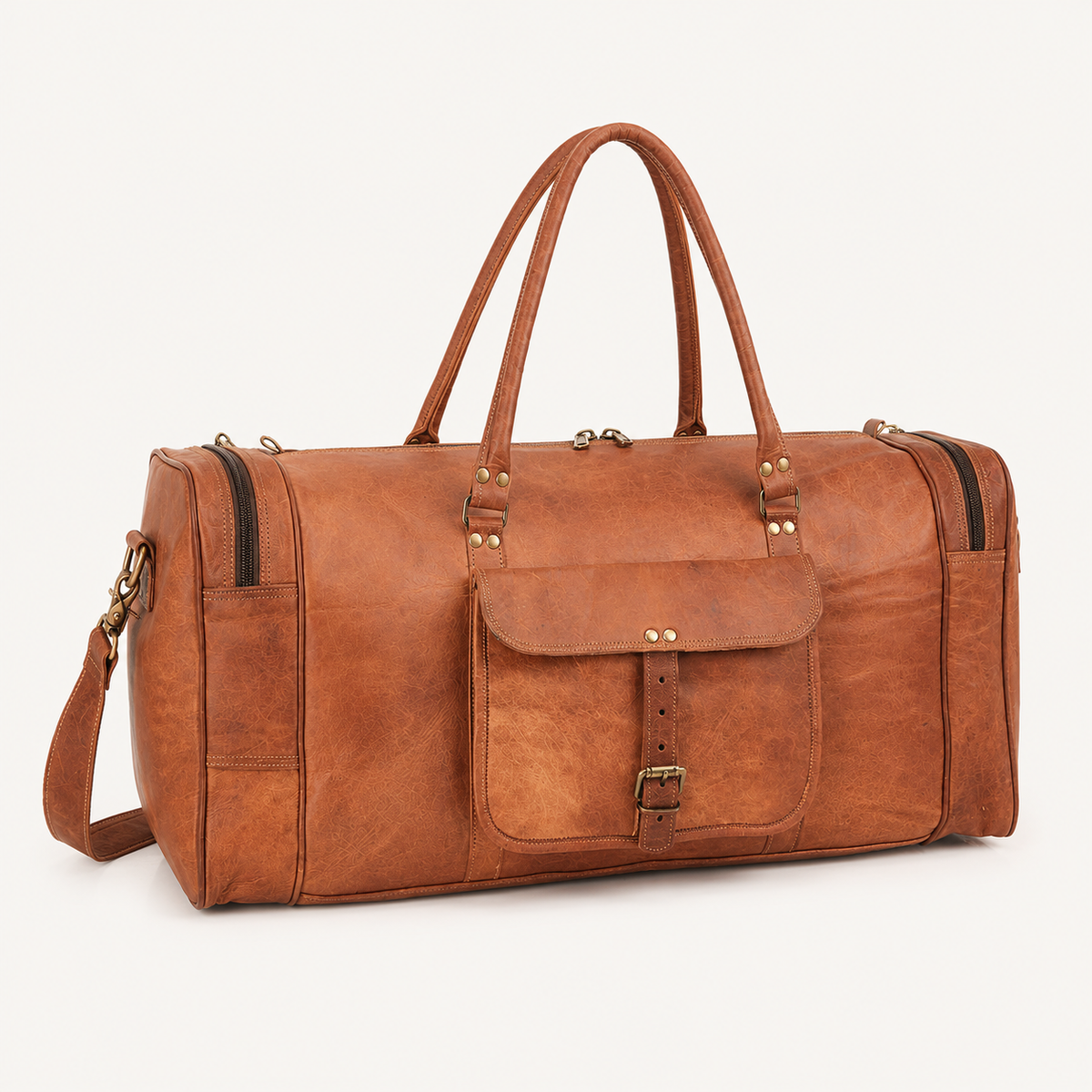 A brown distressed leather duffel bag with dual top handles, a front flap pocket with a buckle strap, and side compression straps, shown on a plain light background.