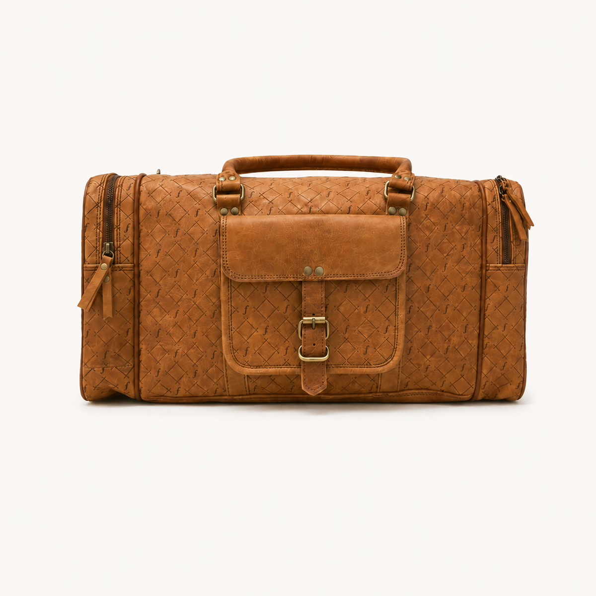Frounder Jupiter full-grain leather duffel with engraved weave pattern and a solid brass buckle