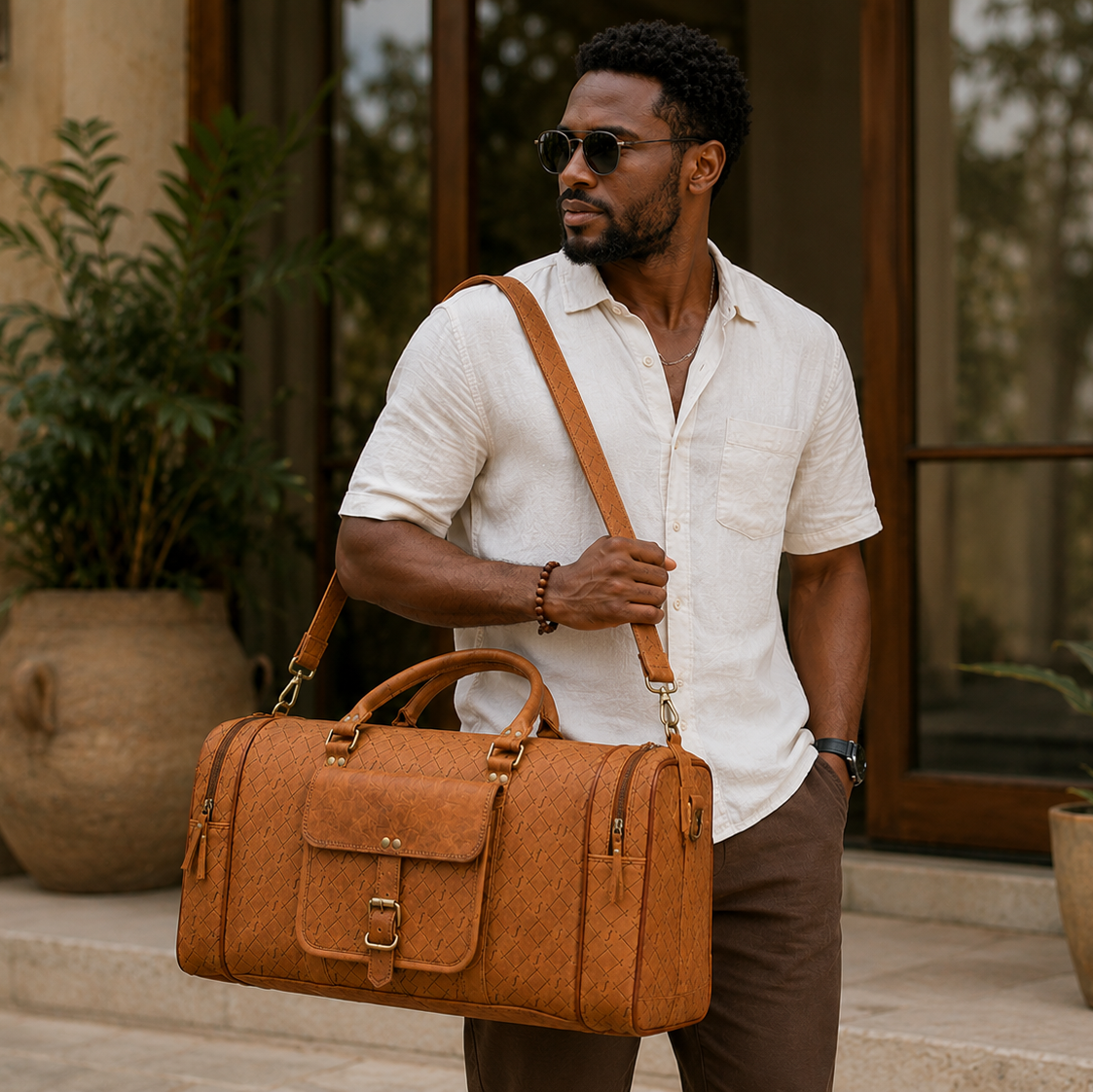 Man carrying the Frounder Jupiter leather duffel by its shoulder strap on stone steps
