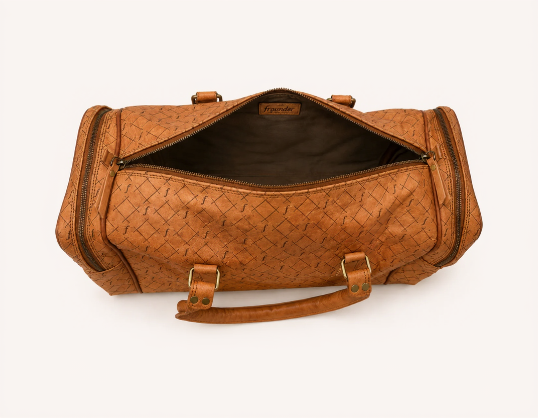 Inside the Frounder Jupiter leather duffel, showing the open main compartment
