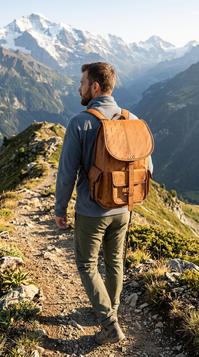A man hiking on a mountain trail, viewed from behind, wearing a brown leather backpack. The background features a dramatic landscape of snow-capped peaks and rugged green mountains under a clear sky.