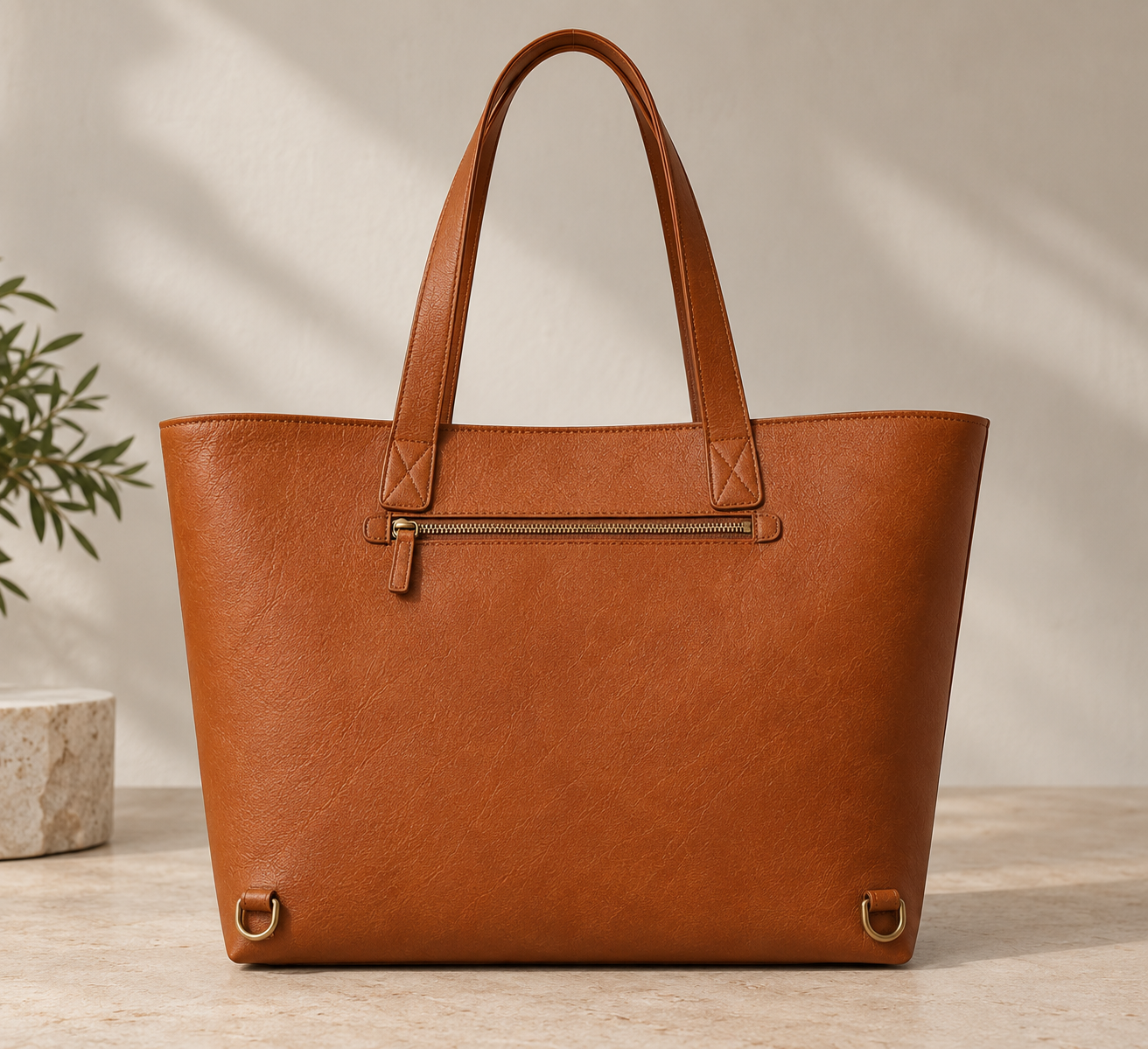 A structured tan leather tote bag with double top handles, a front zippered pocket, and brass-tone hardware, photographed on a light stone surface against a softly lit neutral wall with a small plant at the side.
