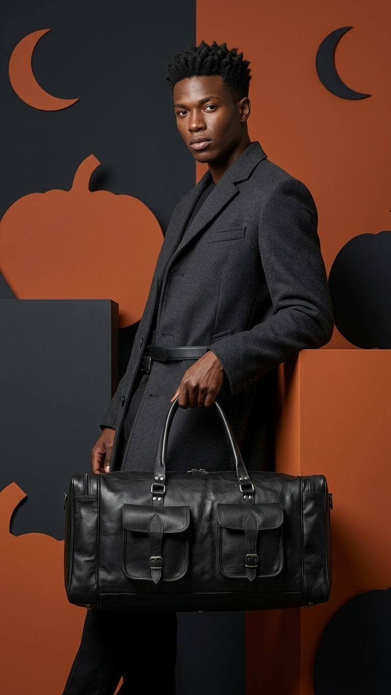 A man in a dark gray suit holds a black leather duffel bag with two top handles and front flap pockets, posed against a Halloween-themed background with orange pumpkins and crescent moons.