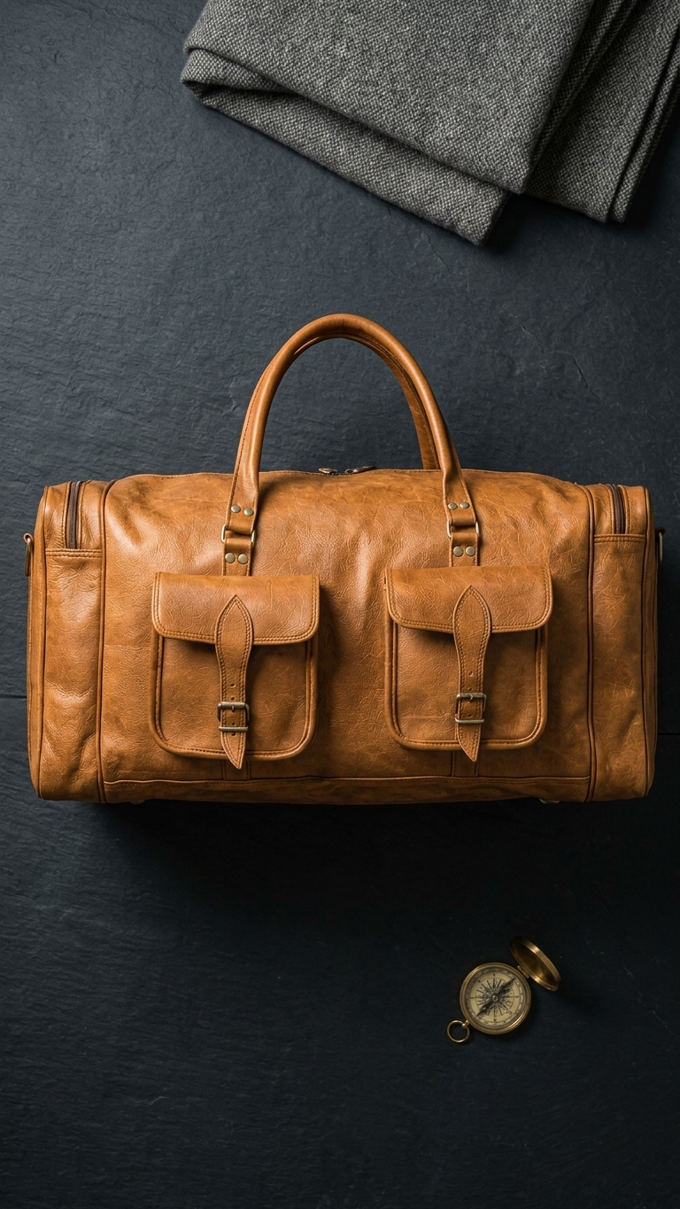A tan leather duffel bag with two front flap pockets and top handles, photographed from above on a dark textured surface with folded gray fabric and a small compass nearby.
