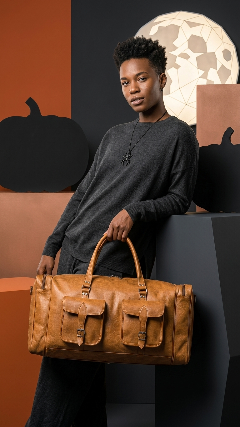 A person wearing a dark gray long-sleeve shirt and black pants holds a large tan leather duffel bag with two front flap pockets. The background features a dark gray wall with black pumpkin silhouettes, a terracotta panel, and a white geometric sphere.