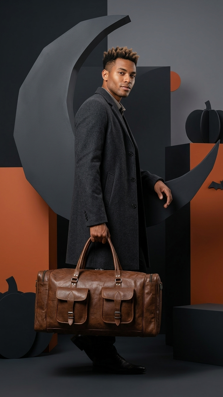 A man in a dark charcoal overcoat carries a brown leather duffel bag with two handles, posed against a dark gray and orange geometric background with Halloween-themed shapes.