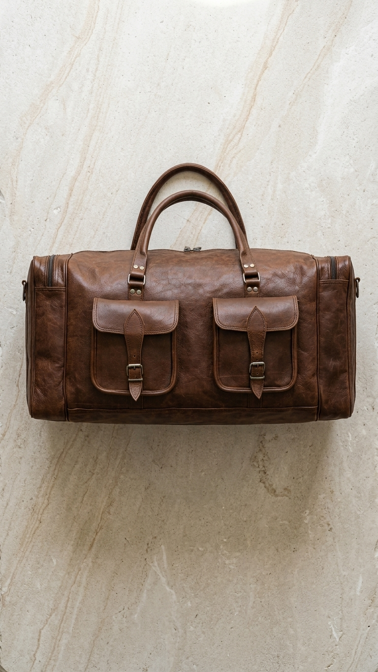 A brown distressed leather duffel bag with dual top handles and two front flap pockets, displayed flat on a light beige marble surface.