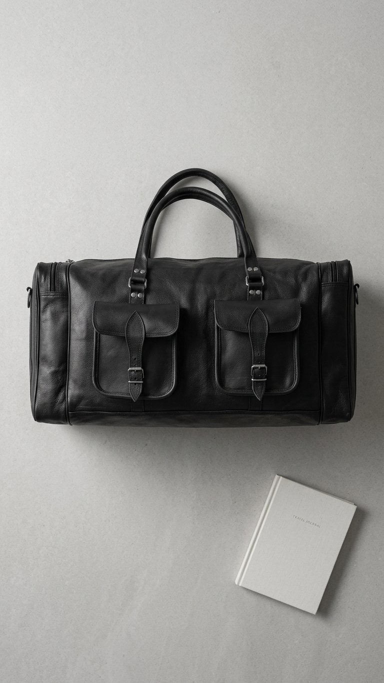 A black leather duffel bag with two top handles and two front flap pockets, photographed from above on a light gray surface next to a small white notebook.