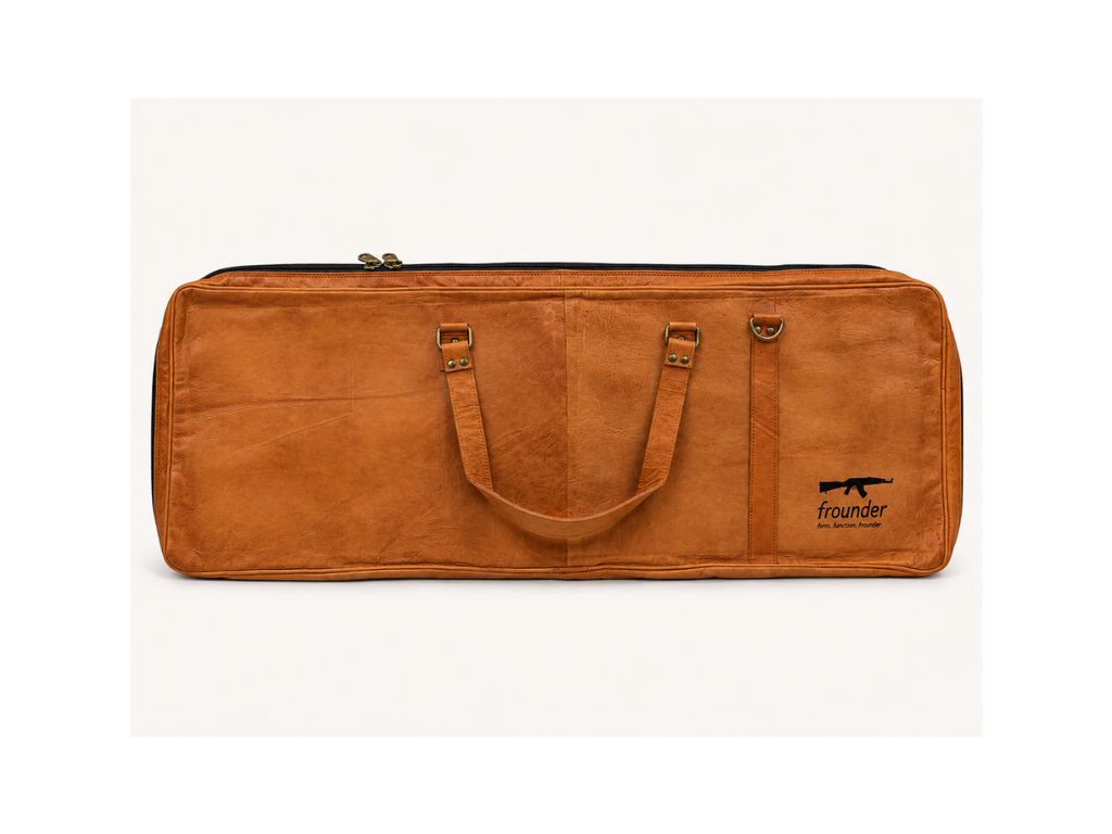 Frounder Solstice leather rifle case shown full length, with dual reinforced top handles and a full-length zip closure
