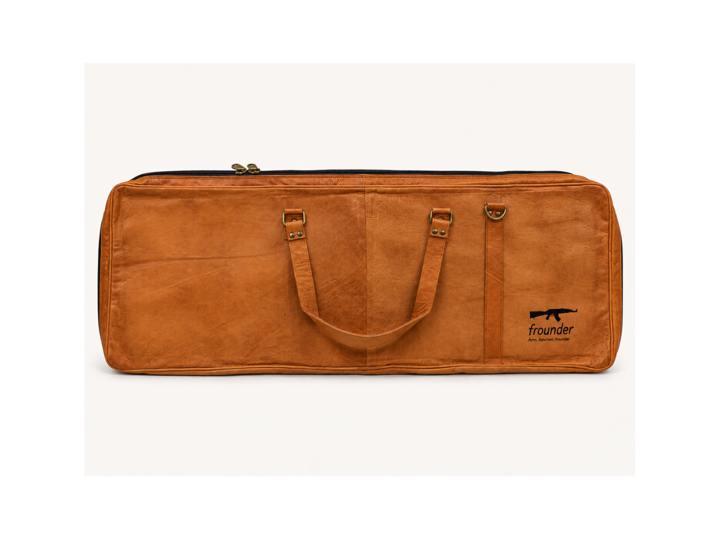 Frounder Solstice leather rifle case shown full length, with dual reinforced top handles and a full-length zip closure