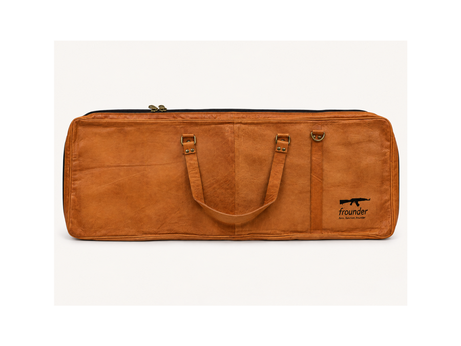 Frounder Solstice leather rifle case shown full length, with dual reinforced top handles and a full-length zip closure