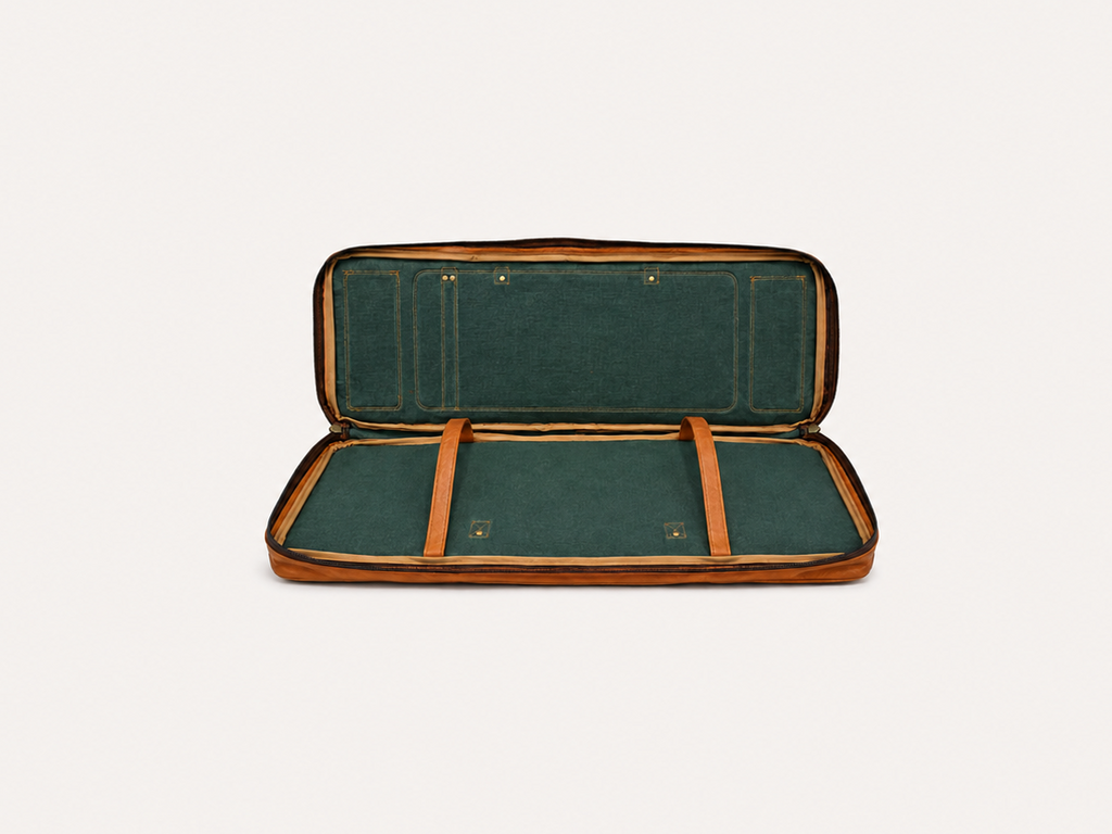 An open structured case with dark green velvet-like interior lining and tan-brown trim, shown against a plain light gray background.