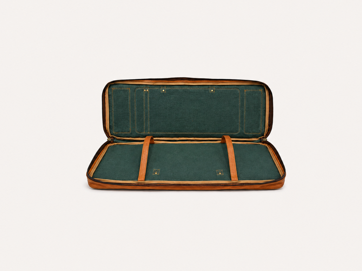 An open structured case with dark green velvet-like interior lining and tan-brown trim, shown against a plain light gray background.