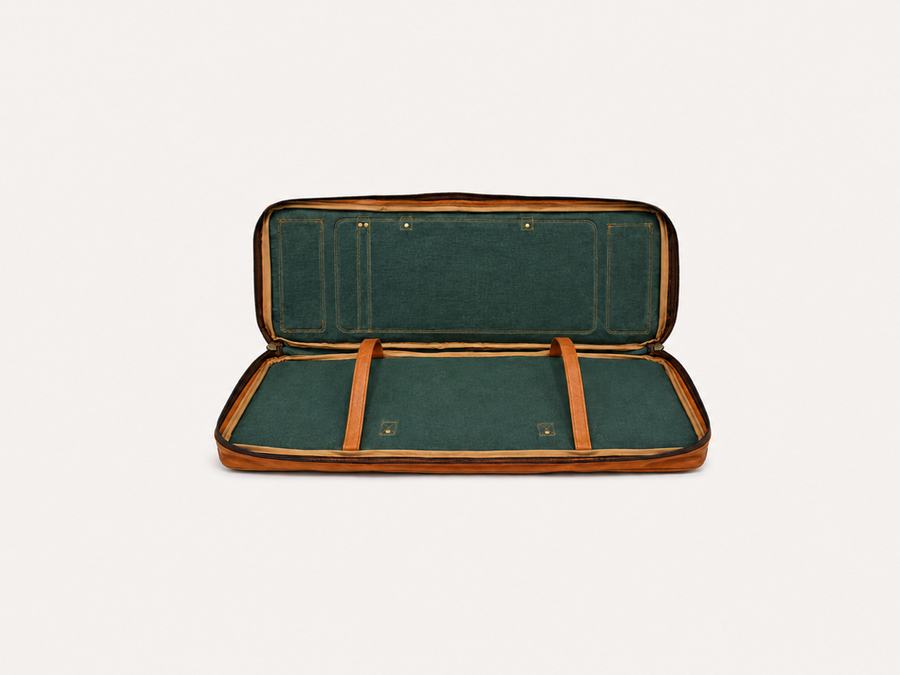 An open structured case with dark green velvet-like interior lining and tan-brown trim, shown against a plain light gray background.