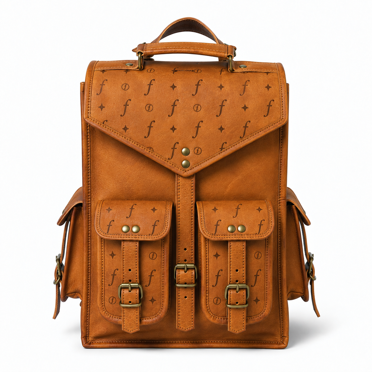 A brown leather backpack with embossed 'f' monogram pattern, brass-tone hardware, and front flap pockets, photographed on a clean white background.