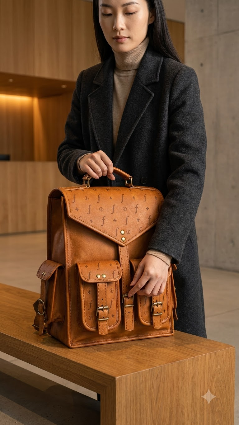 A woman in a dark gray coat stands beside a wooden table holding a brown leather backpack with embossed pattern and multiple front pockets.