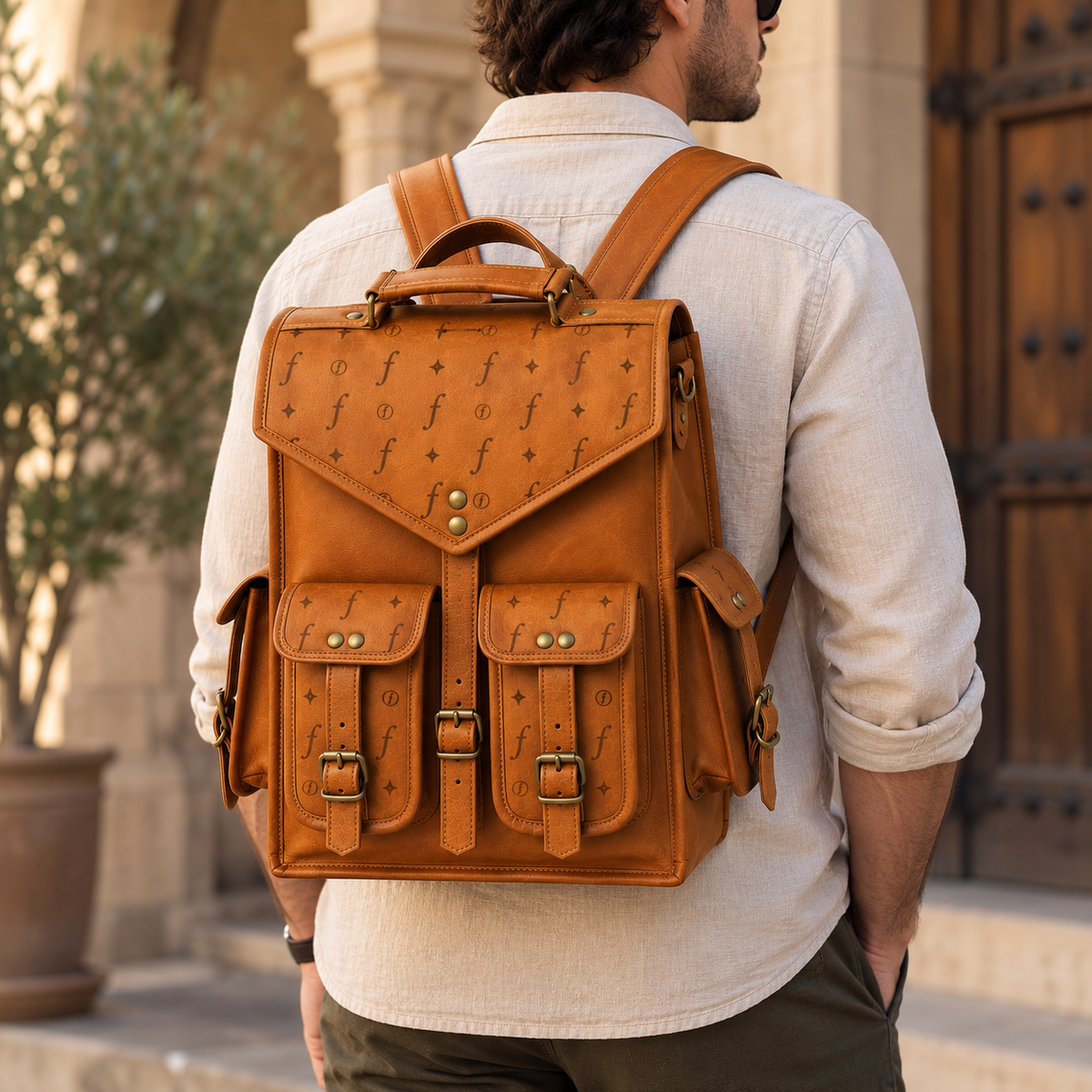 A man viewed from behind wearing a tan leather backpack with multiple front pockets and buckle details, standing outdoors in front of a stone building.