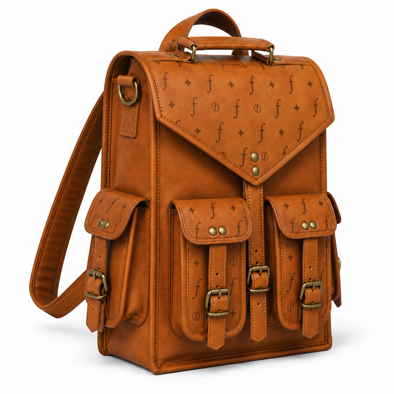 A tan leather backpack with embossed monogram-style lettering, brass-tone hardware, and multiple front flap pockets, shown on a clean white background.