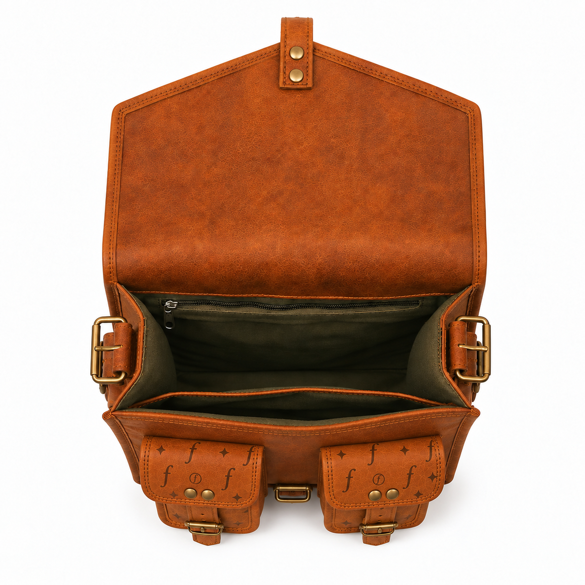 An open brown leather messenger bag with multiple exterior pockets, brass-tone hardware, and a dark olive interior, photographed on a clean white background.
