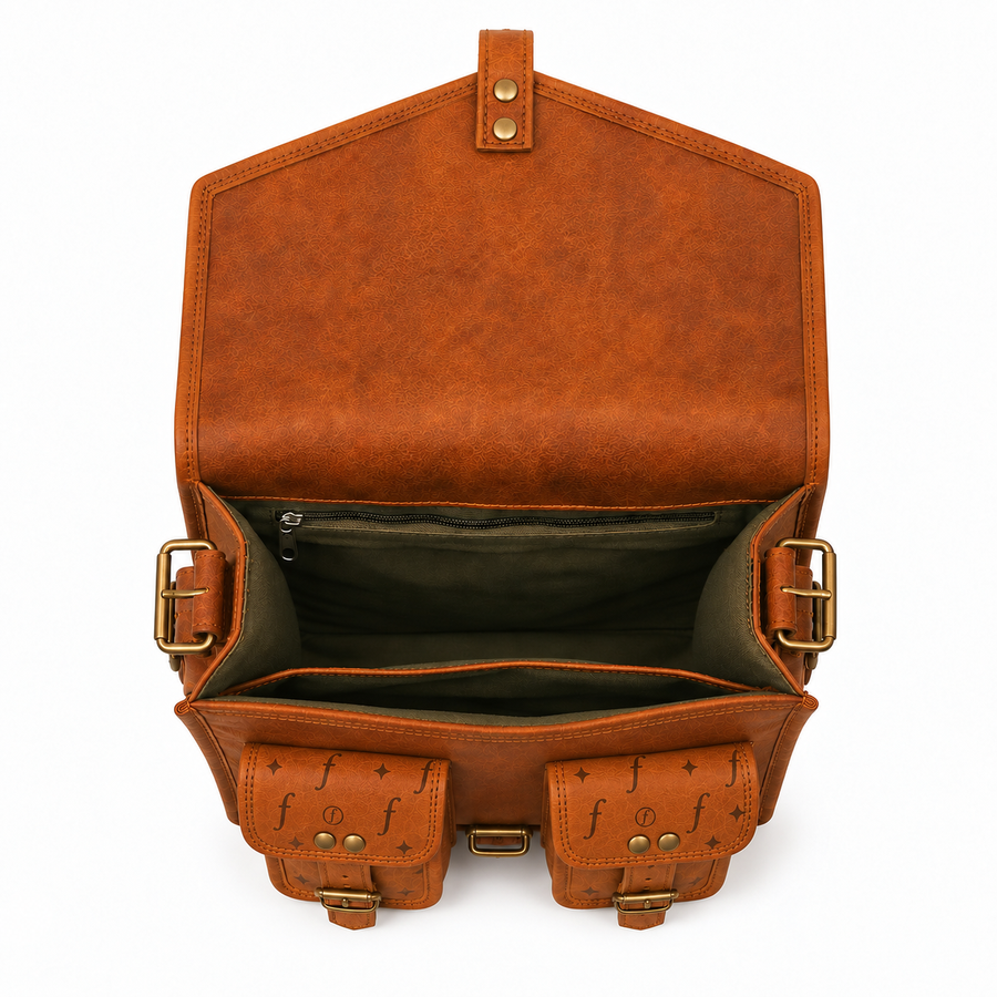 An open brown leather messenger bag with multiple exterior pockets, brass-tone hardware, and a dark olive interior, photographed on a clean white background.