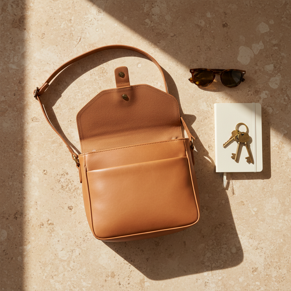 Lifestyle tan leather bag flat-lay