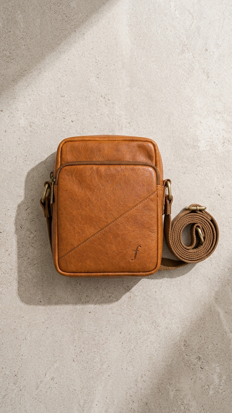 Cosmo mini leather crossbody worn across the body on its adjustable strap