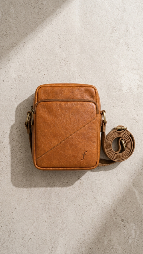 Cosmo mini leather crossbody worn across the body on its adjustable strap