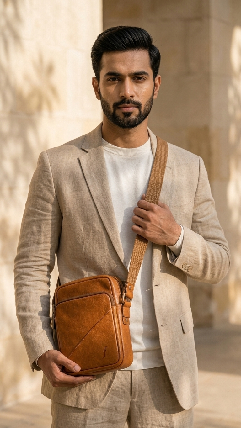 Cosmo leather crossbody bag showing the brass zip and strap rings