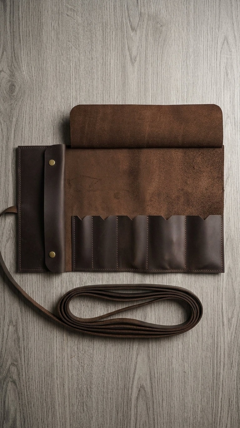 Frounder Winson leather tool pouch shown open with hand tools in its slots