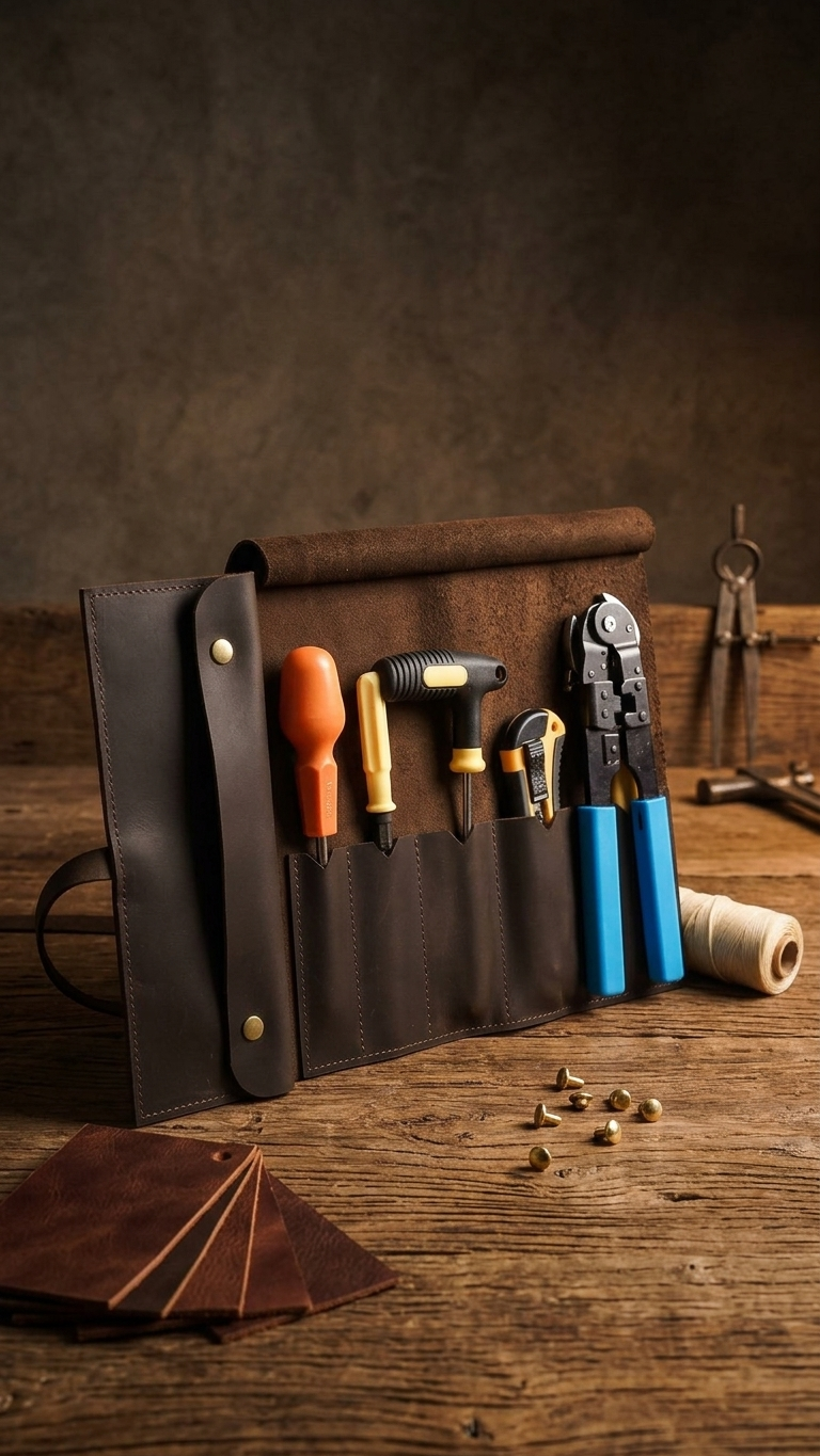 Frounder Winson leather tool bag side view showing reinforced rivets and stitching