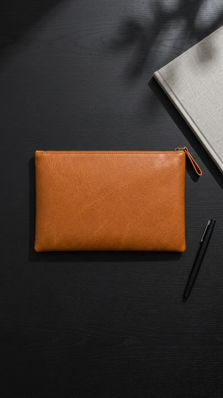 Ethen and Clay leather toiletry pouch packed in a travel bag