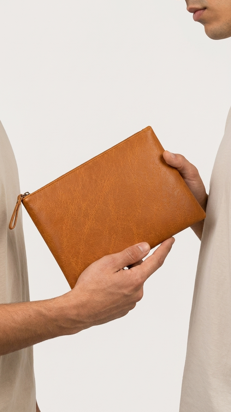 Ethen and Clay leather toiletry pouch shown closed
