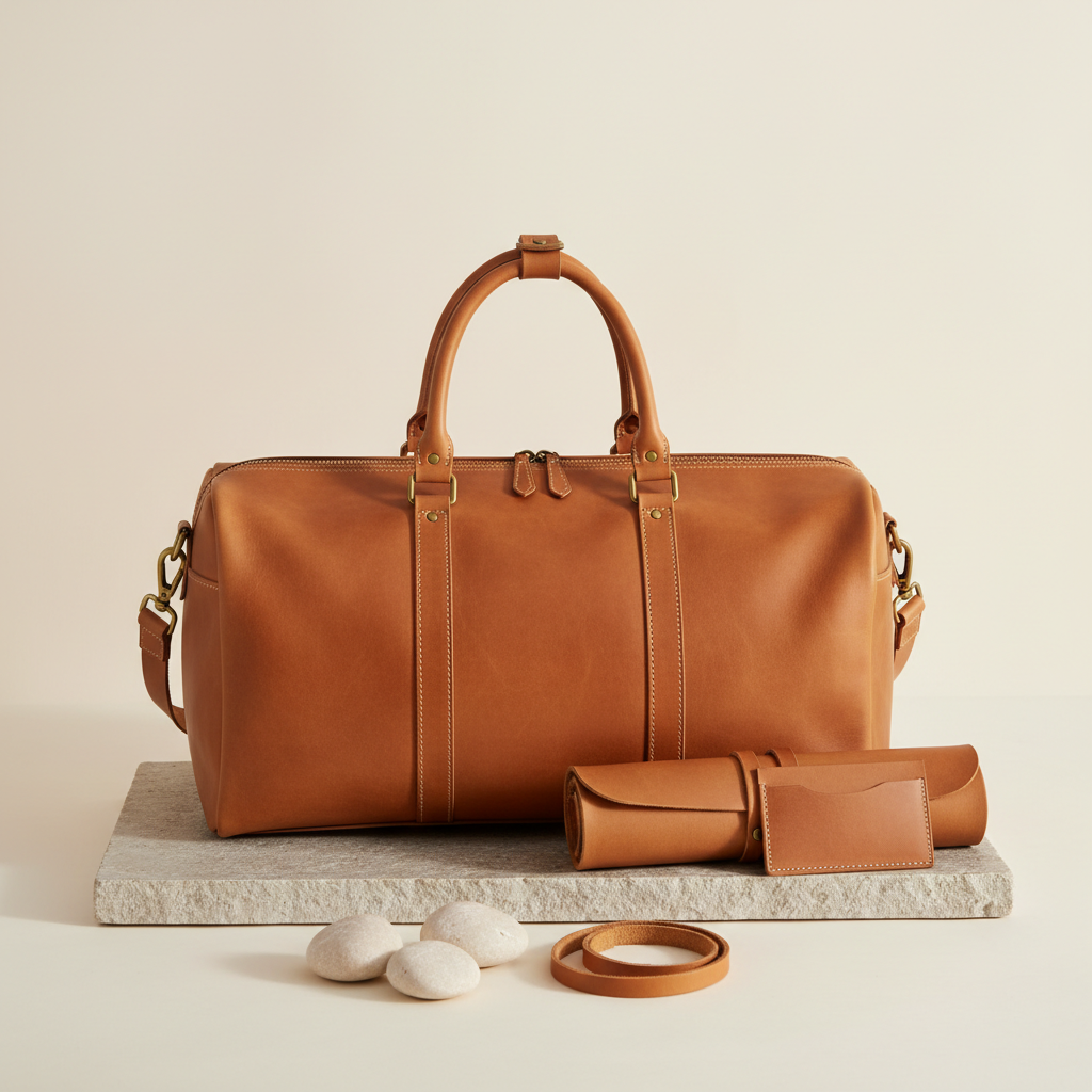Tan leather bag flat-lay on stone
